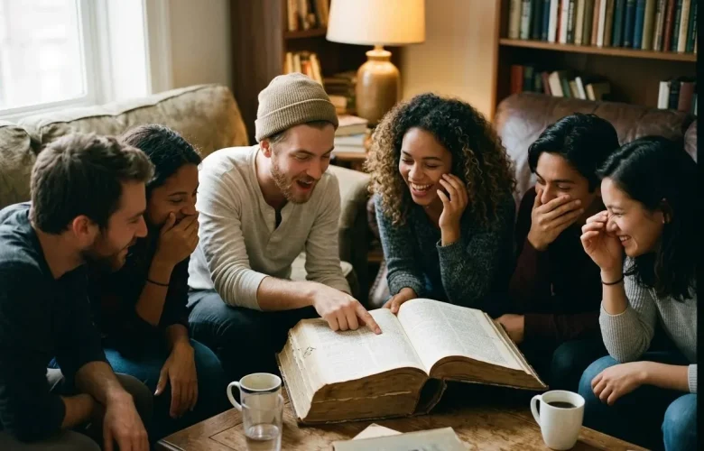 A diverse group of six friends laughing and pointing to a funny word in a huge, old English dictionary in a cozy, book-filled living room.