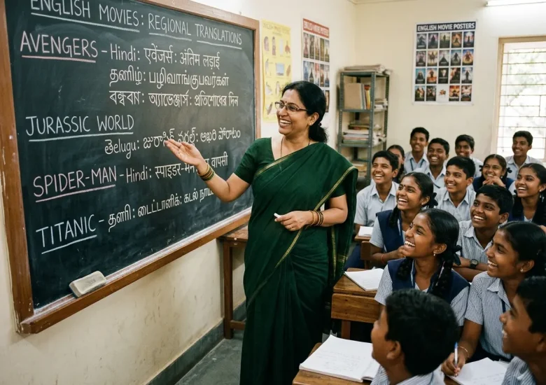 An Indian classroom scene with a teacher demonstrating an English Movie with Funny Indian Regional Translations for MySivi learners.