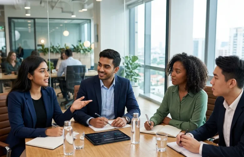 Confident professionals practicing corporate group discussion skills in a modern conference room for placement preparation.