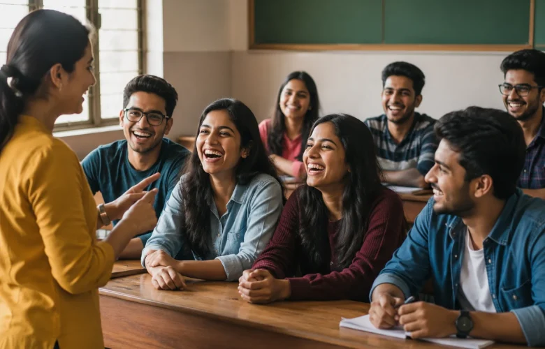 Teacher in yellow engages with a smiling group of students in a bright classroom at a wooden desk.