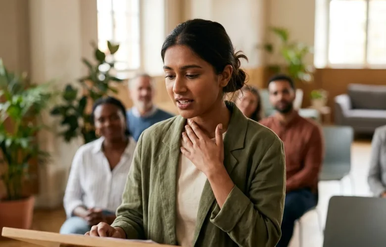 A young woman experiences speaking anxiety at a podium while trying to practice English communication using MySivi App.