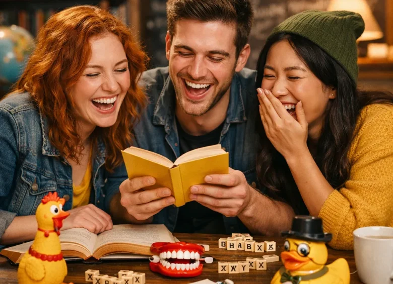 Three happy, diverse friends laughing together while reading a small yellow book at a table covered in funny items, including a rubber chicken, wind-up chattering teeth, letter tiles, and a rubber duck in a top hat.