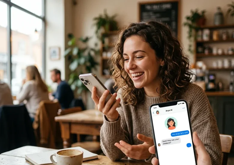 Young woman improving English speaking skills through AI-powered voice conversations