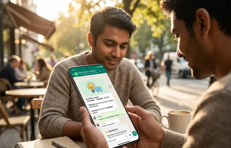Two men at an outdoor cafe looking at a smartphone screen displaying a language-learning chat app with a lightbulb illustration. Alternatively: friends sharing a lesson on a sunny street-side cafe.