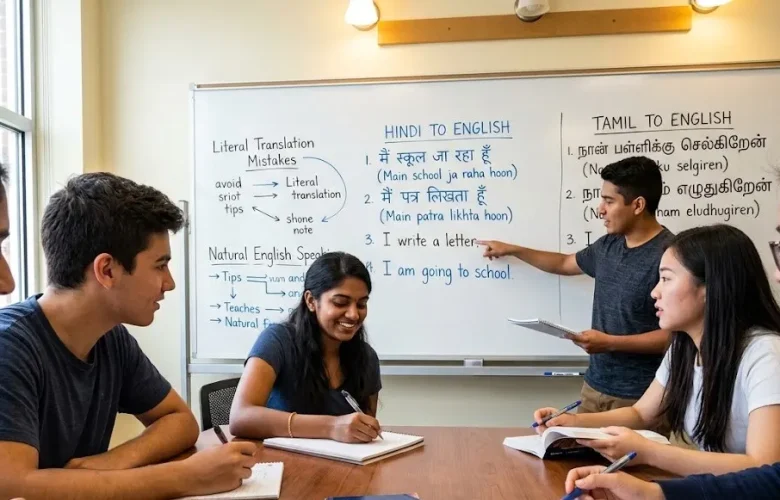 Group of diverse students in a classroom around a table, working on notes with a language lesson on a whiteboard behind them.