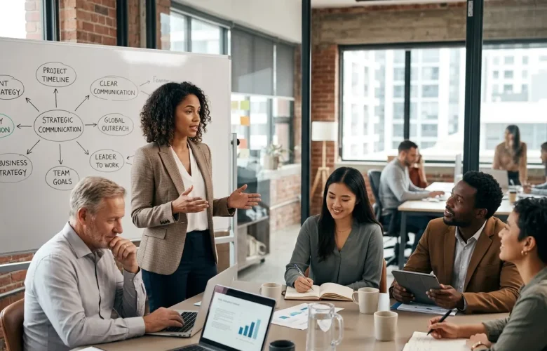 A confident professional woman leading a collaborative business meeting in a modern office, presenting strategic communication tips to a diverse team.