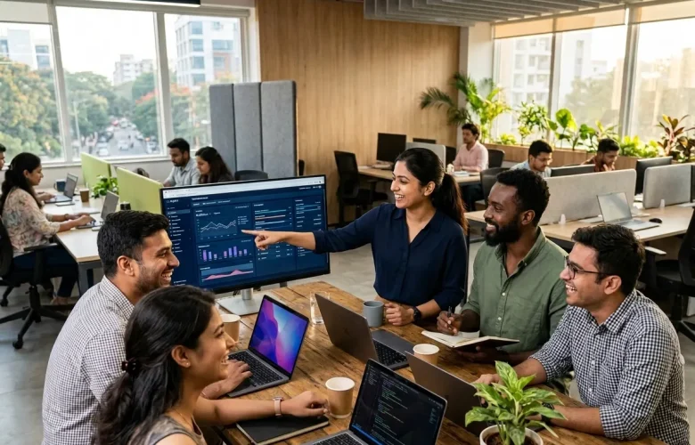 A diverse team collaborating around a wooden table in a modern AI startup office, showcasing Life at MySivi.