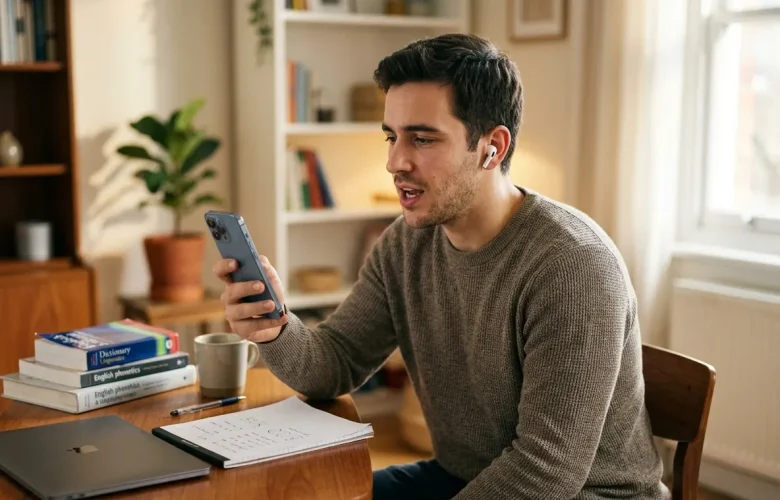 A young professional man practicing English pronunciation using ear pods and a smartphone to master S and SH sounds in a bright home office.