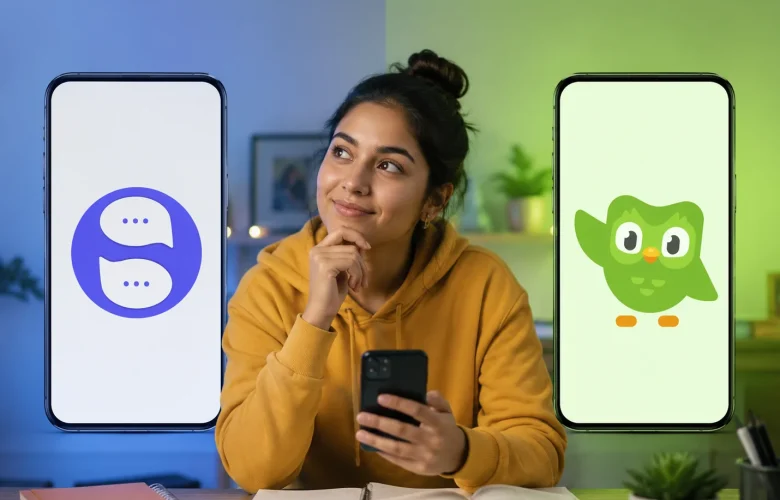 Young woman in a yellow hoodie sits at a desk with two large smartphones showing chat icons, suggesting messaging apps.