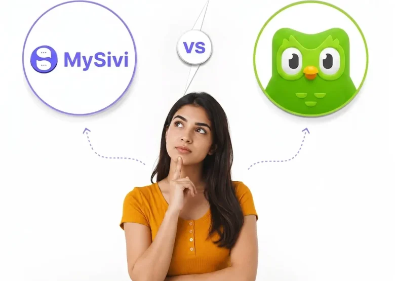 MySivi vs Duolingo app interfaces compared for English-speaking practice in 2026.