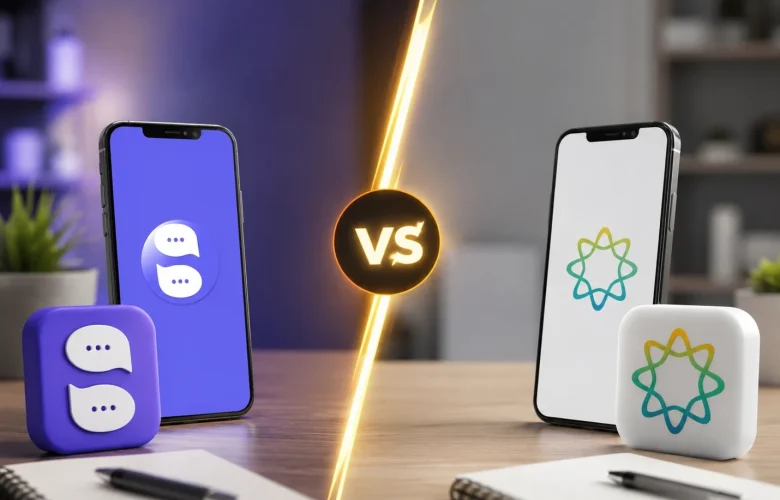 MySivi vs ELSA Speak app comparison showing two AI English learning apps with realistic smartphones, highlighting MySivi as a powerful AI English speaking practice app for fluency in 2026.