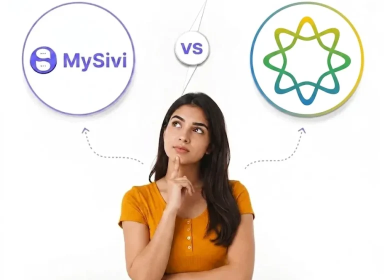 A thoughtful young woman evaluating two paths to English fluency: the MySivi AI speech tutor with its purple logo, and the ELSA Speak app with its multi-color gradient loop logo, as she considers MySivi vs. the ELSA Speak app.