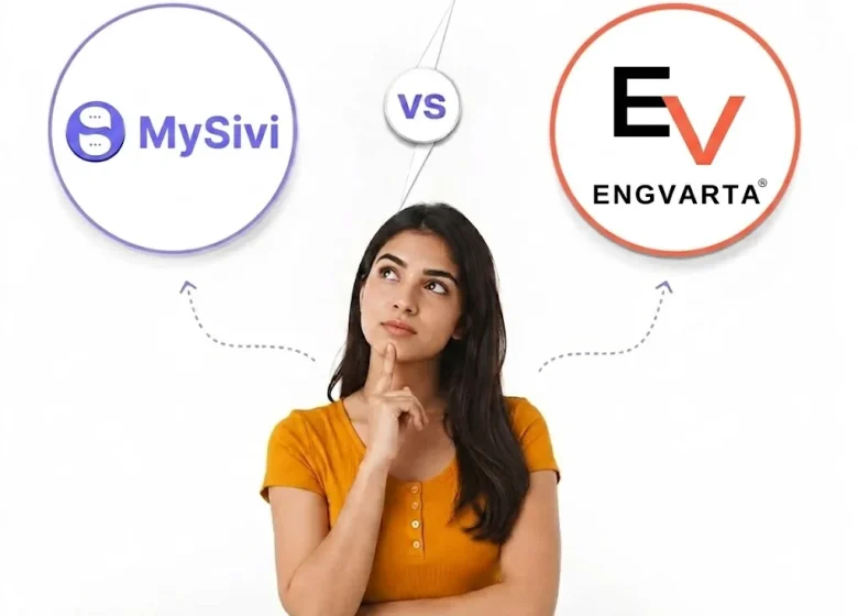 A thoughtful woman evaluating the MySivi vs EngVarta app for English learning. The MySivi AI tutor logo is on the left, and the EngVarta live tutor logo is on the right, on a clean white background.