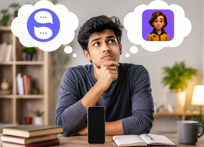 A thoughtful Indian student in a library comparing the MySivi vs Supernova app, deciding on the best AI English learning tool for her career.
