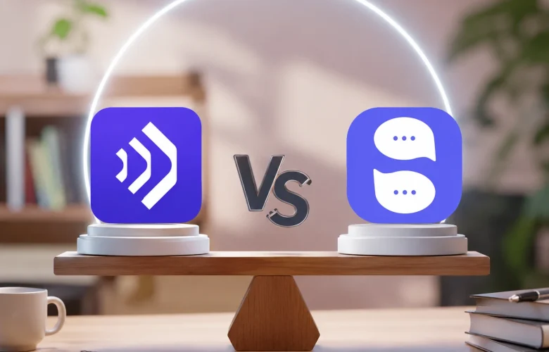 Two blue square app icons face off on a balancing scale, separated by a 'VS' in the center, suggesting a comparison.