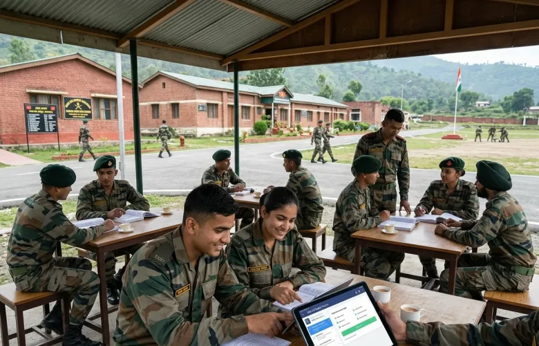 Indian Army cadets inside a cantonment studying with books and a digital tablet for NDA English Preparation 2026 using the MySivi AI app to crack GAT.