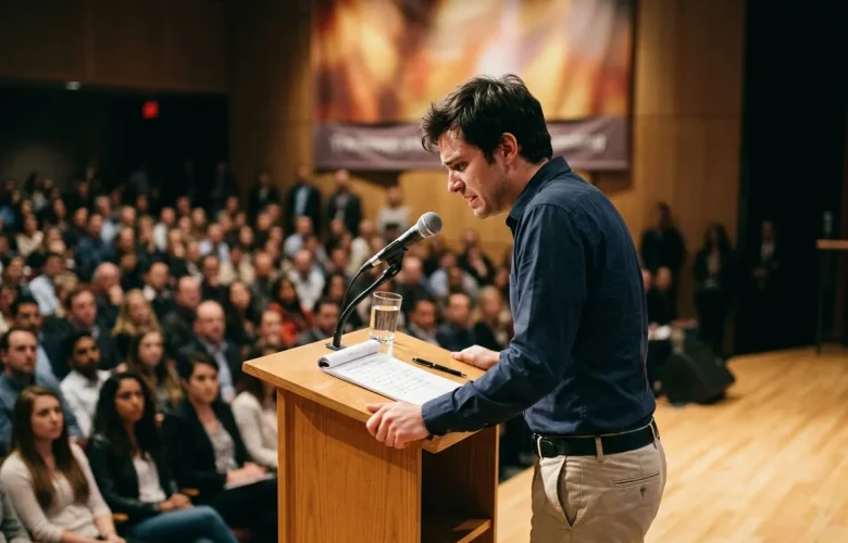 A person experiencing speaking anxiety on stage in front of an audience, looking at notes on a podium, and using the MySivi App for this .