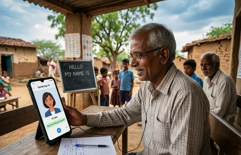 Elderly man in a rural village school eagerly learns English using a 1-on-1 AI tutor app on a tablet in 2026.