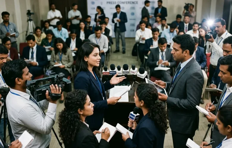 PR & Media spokesperson speaking at an Indian press conference, guided by MySivi English training.