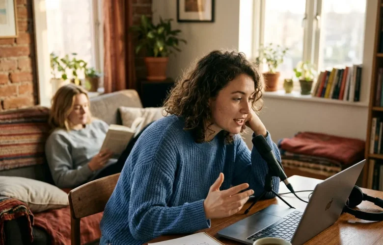 Person with no partner practicing English speaking at home using a laptop, microphone, and AI app for interactive feedback.