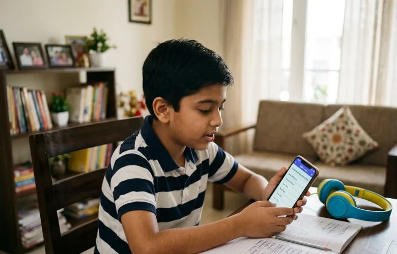 A young school student at home practicing tough English homophones and pronunciation using an AI learning app, MySivi, on his smartphone.