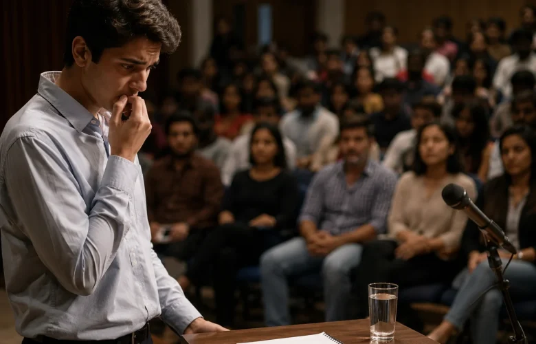 A nervous speaker stands on a stage in front of a large audience, showing visible signs of Speaking Anxiety before delivering a speech, but after some time, uses the MySivi English-speaking app to improve his communication.
