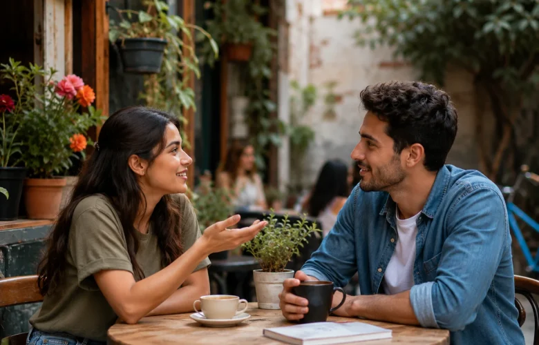 Friends enjoying small talk over coffee at a cozy café, building confidence through natural English conversation.