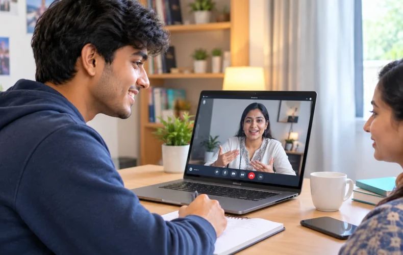 MySivi, the best AI English-speaking app in India, helps a young man and an Indian woman improve English speaking skills through an online session.