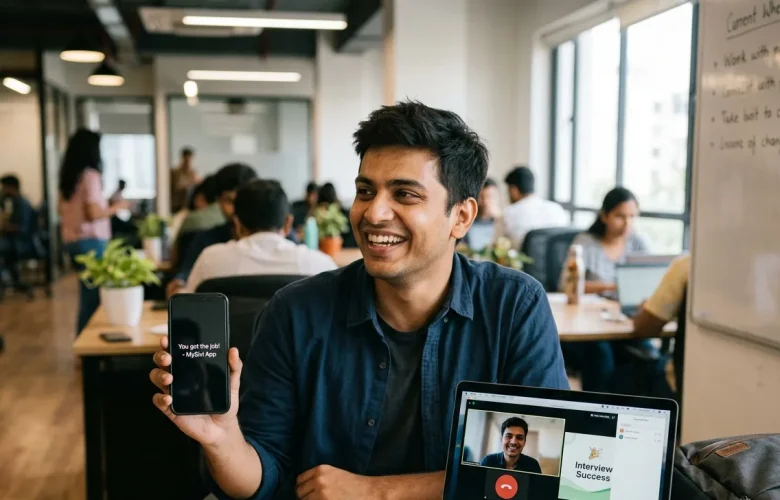 A smiling professional holds a phone with a 'job secured' notification from MySivi, the best AI English-speaking app in India, with a successful remote interview visible on his laptop, all set in a surreal cloudscape that illustrates his professional growth and career path.