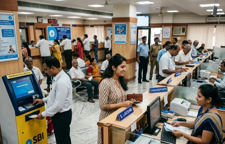 Learn the English You Need at the Bank with MySivi: Customer talking with cashier at an Indian bank with a passbook entry machine.