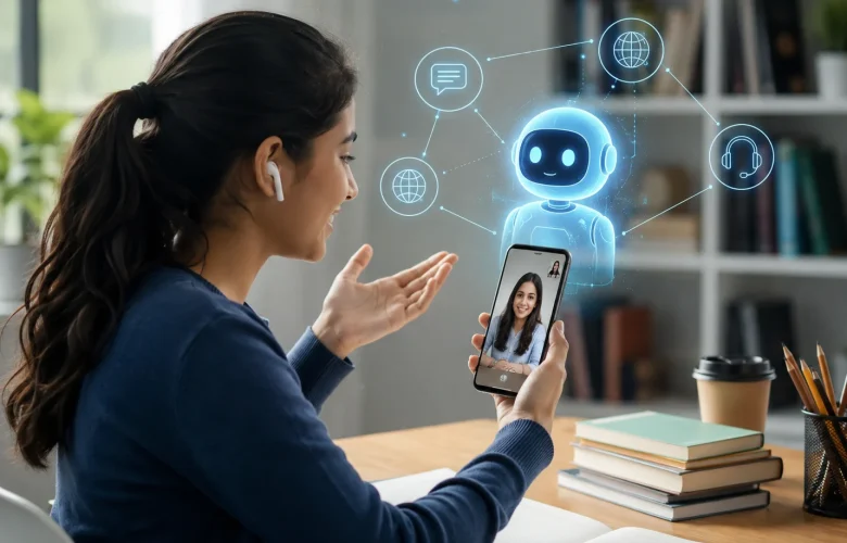 A focused university student using an AI tutoring app on her phone with a holographic chatbot to practice English-speaking skills.