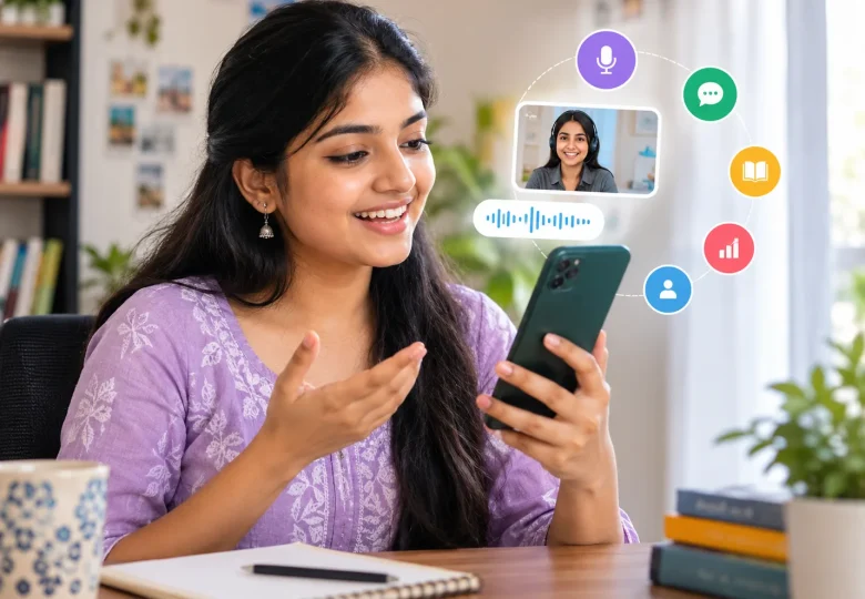 Explore the best English-speaking apps for Telugu speakers in 2026 with a learner practicing English conversation on her smartphone.