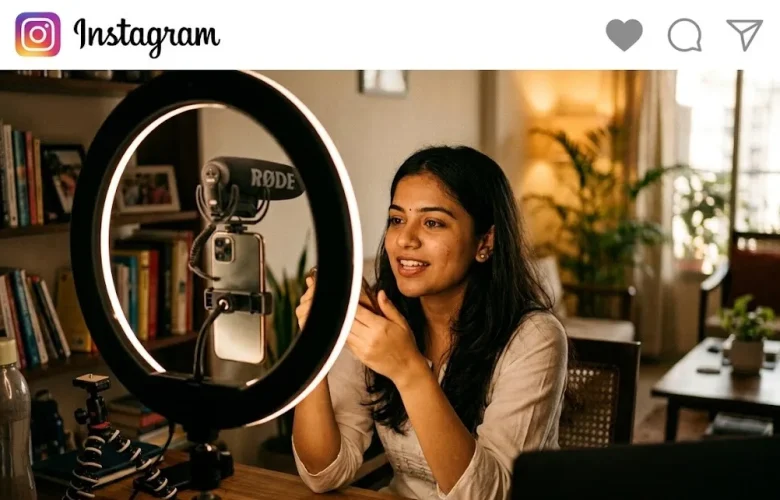 Woman recording a video in a cozy home studio with a ring light, smartphone on a mount, and a Rode microphone.