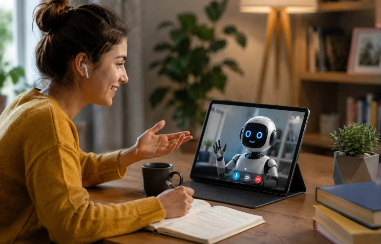 Woman smiling during a video call with a friendly AI English Tutor on her tablet.
