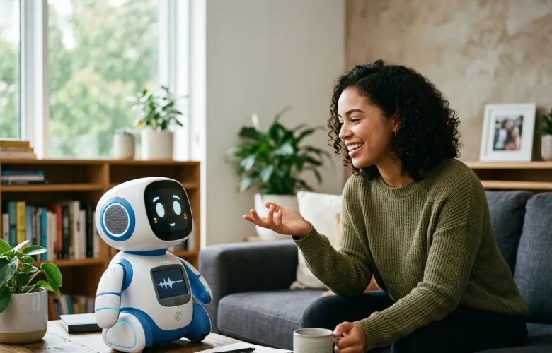 A woman smiling and practicing spoken English at home with a friendly AI English tutor.
