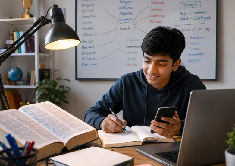Students in a classroom using dictionaries, a word-filled whiteboard, and tablets displaying top word-learning tools.