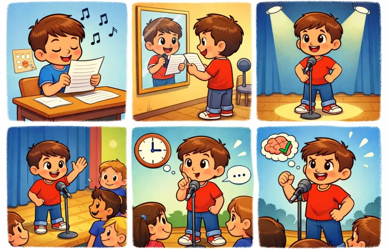 Cartoon of a student practicing and confidently delivering a school assembly speech with key public speaking steps.