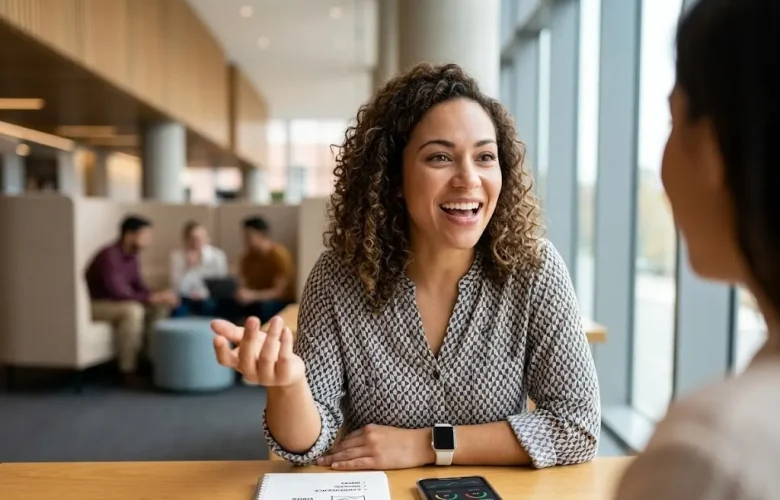 A candid photo of a woman actively speaking and laughing, illustrating her confident English Progress as tracked by the MySivi App.
