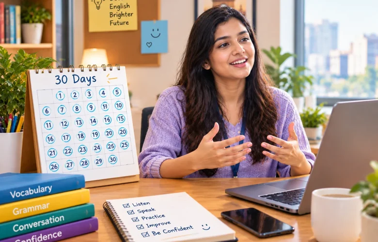 30-Day English Speaking Roadmap by MySivi shows a learner practicing English with a 30-day calendar and AI conversation practice.